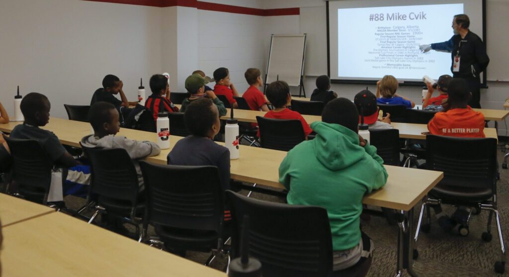 Rob teaching a leadership class at 2016 Calgary Flames Sport Check Development Camp.